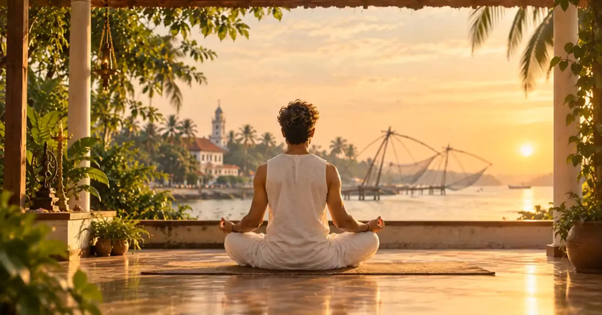 A man in white meditating on a Kerala veranda, facing the Fort Kochi waterfront and its Chinese fishing nets at sunset